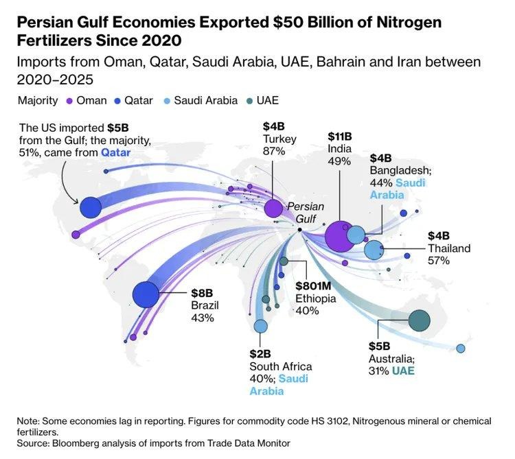 # Alt Text A flow diagram illustrates that Persian Gulf economies exported $50 billion in nitrogen fertilizers since 2020, with major importing destinations including the US, India, Turkey, and Bangladesh, color-coded by source country (Oman, Qatar, Saudi Arabia, UAE, Bahrain, and Iran).