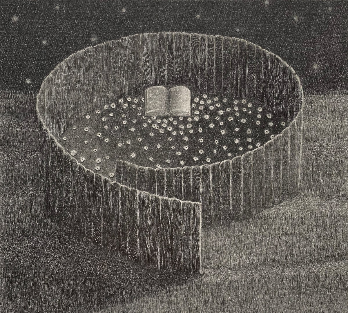 An open book rests on a bed of glowing pearls within a wooden circular enclosure set in a starlit nighttime landscape.