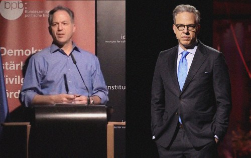 Two men are shown in separate panels at what appears to be a public speaking event: on the left, a man in a blue shirt speaks at a podium with German institutional branding visible in the background; on the right, a man in a dark suit and blue tie stands on stage against a red backdrop.