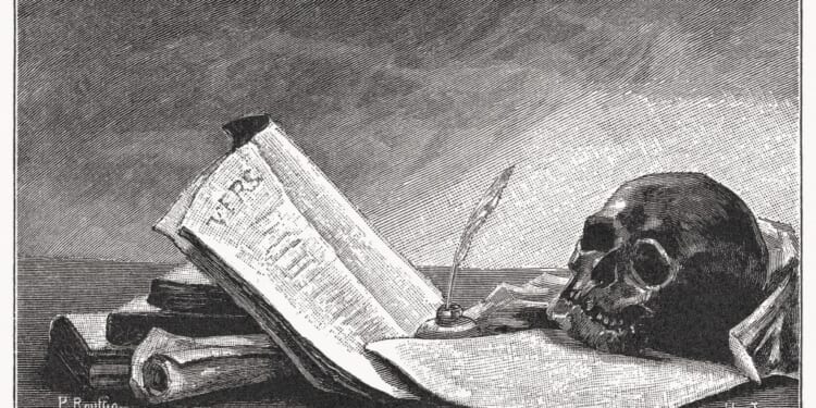 Vanitas Still Life, wood engraving, published in 1897