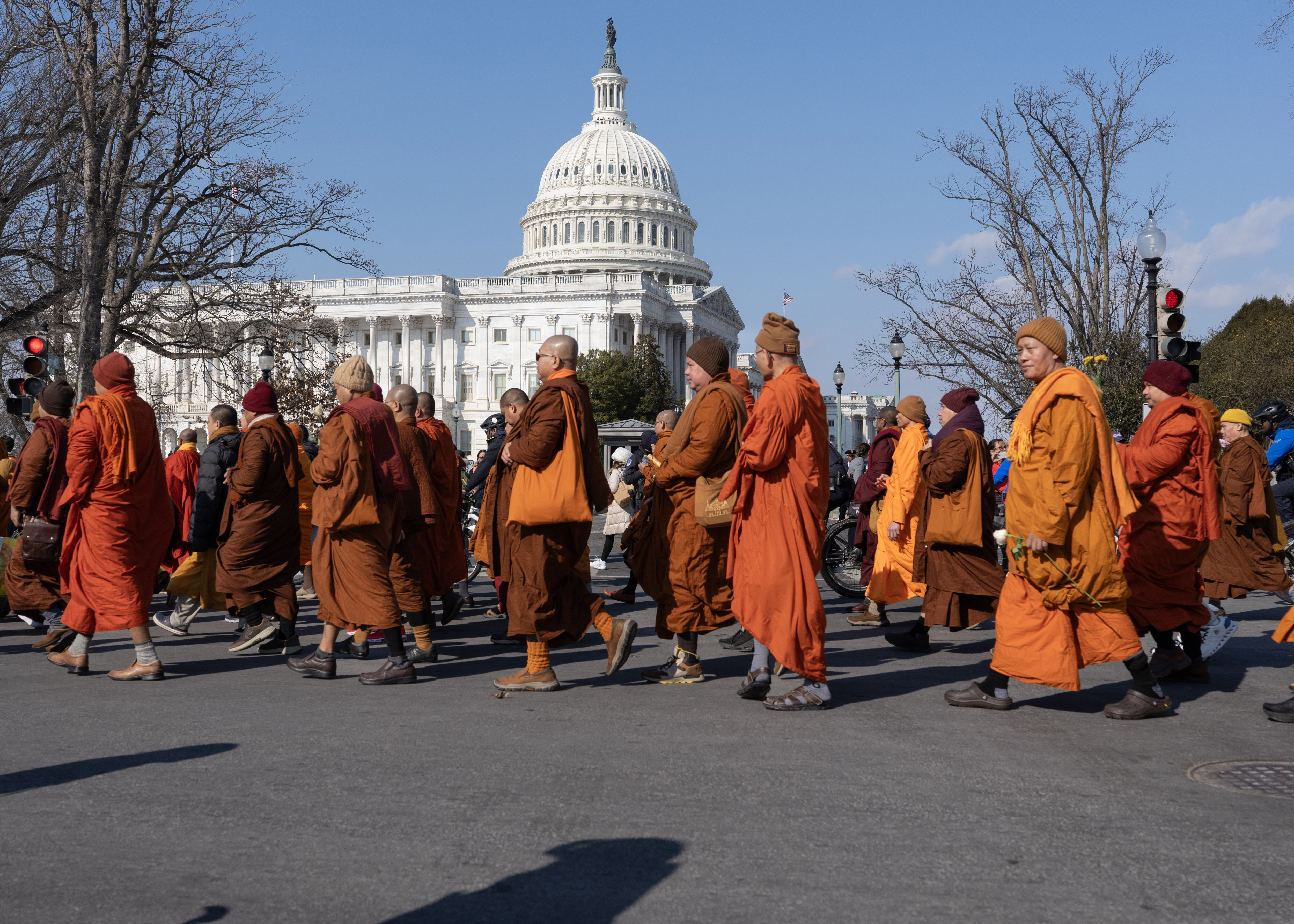 Buddhist monks line up during their March for Peace at the
