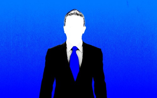 A silhouetted figure in a black business suit and blue tie stands against a bright blue background with a blank white face.