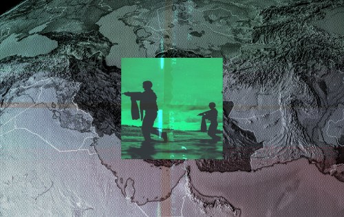 Two silhouetted figures in shallow water point outward against a bright green screen, overlaid on a textured map background.