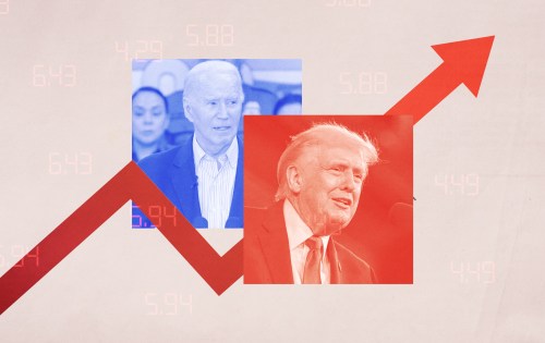 A graphic illustration featuring two political figures with upward-trending arrows and financial charts in the background, symbolizing economic growth or market performance.