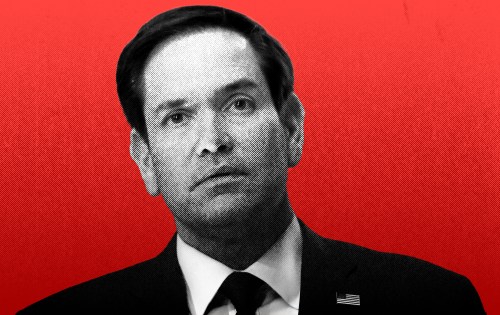 A stylized black and white portrait of a man in formal business attire with an American flag pin, set against a bright red background.