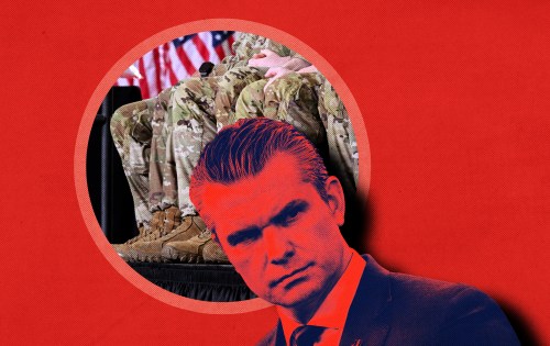 A stylized red and blue portrait of a man in formal attire with military personnel and an American flag visible in the background circle.