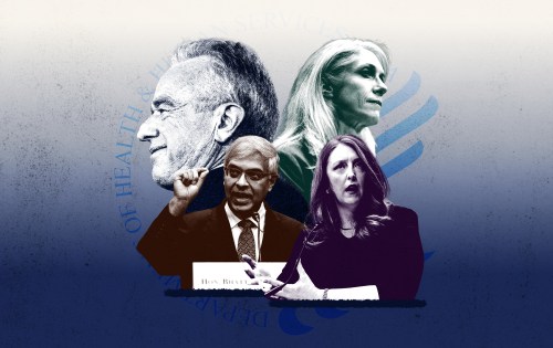 A composite graphic featuring four individuals arranged in a layered composition against a blue gradient background, with two profile sketches in the upper portion and two color photographs of people in professional settings below, accompanied by partial text reading "OF HEALTH" and "DEPARTMENT."
