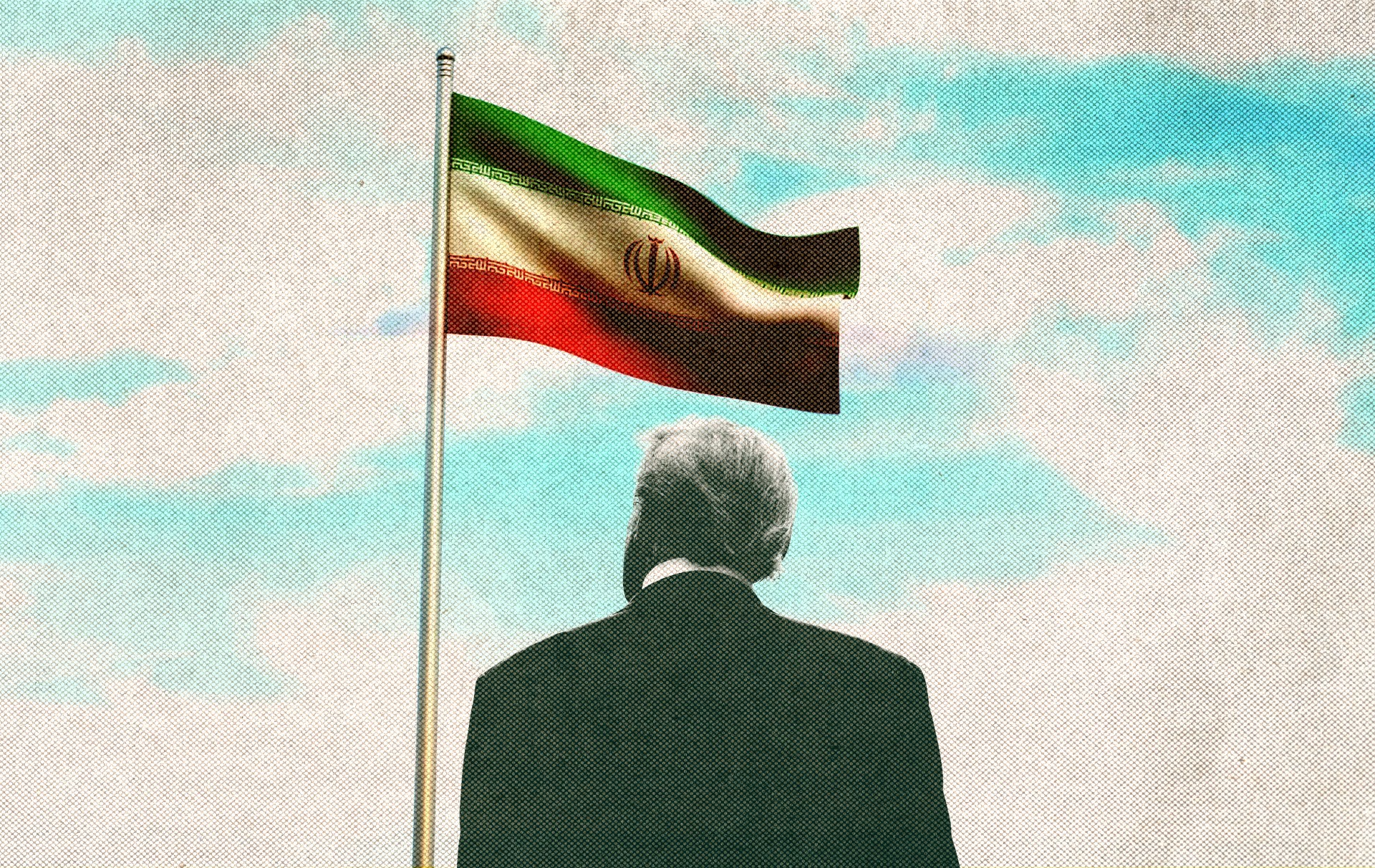 A person viewed from behind gazes at the Iranian flag waving against a light blue sky.