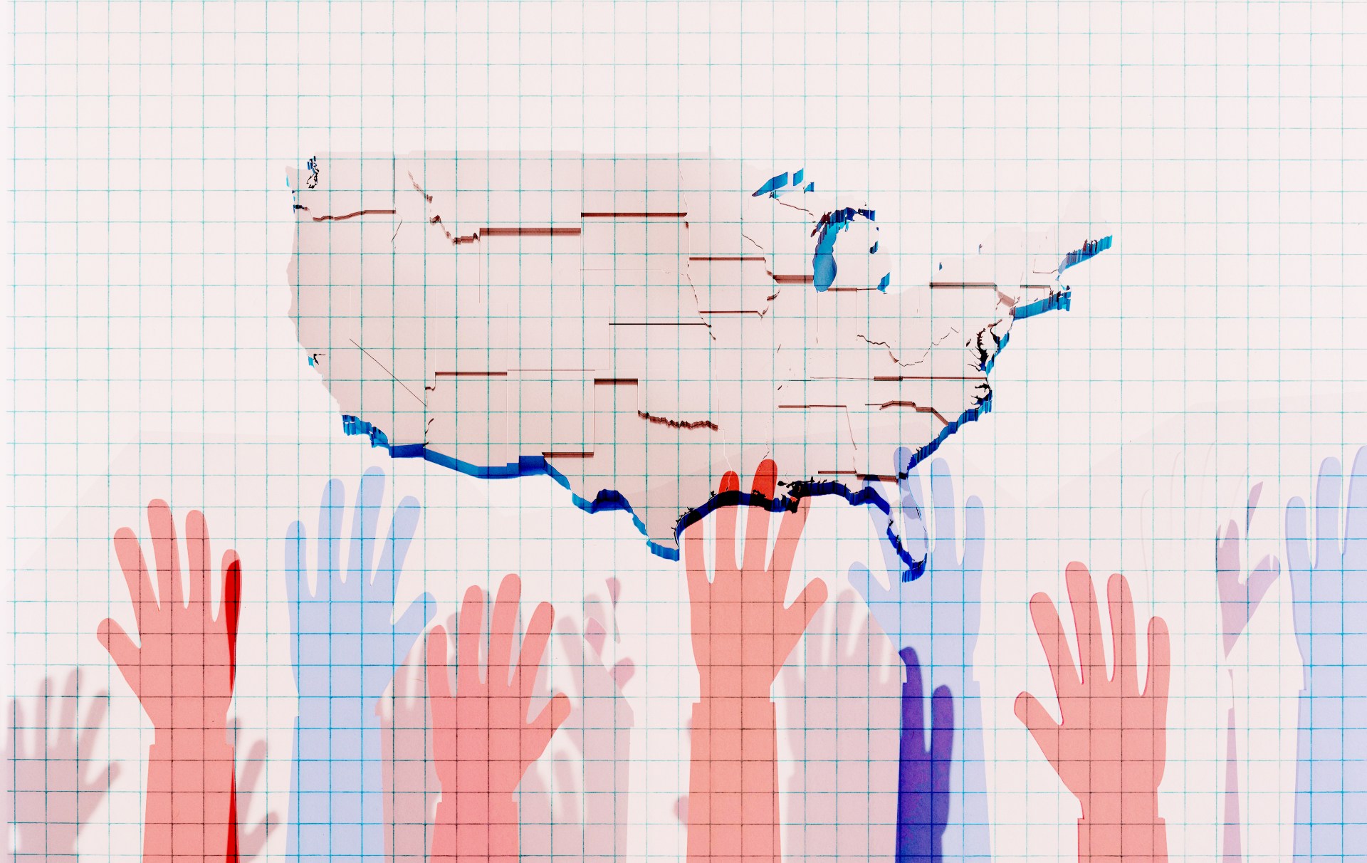 A stylized map of the United States overlaid with voting data visualizations, raised hands in red and blue, and state boundary lines, symbolizing democratic participation and political engagement.