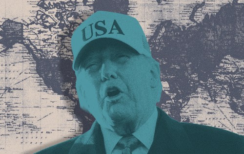 A man wearing a turquoise USA cap and suit is shown in profile against a vintage map background of North America.