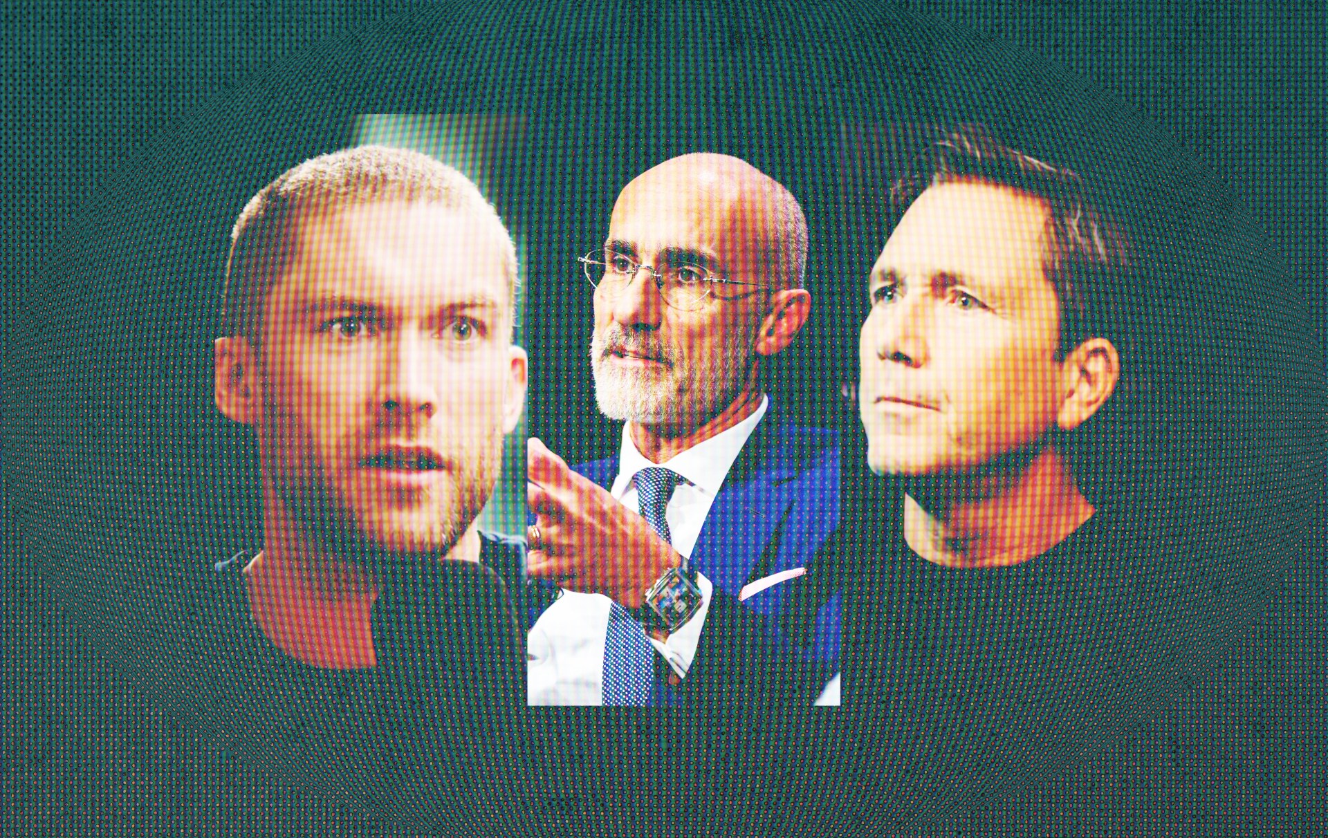 Three men's portraits displayed on a digital screen with a green pixelated background, showing the left figure with a beard, the center figure wearing glasses and a suit with tie, and the right figure in profile view.