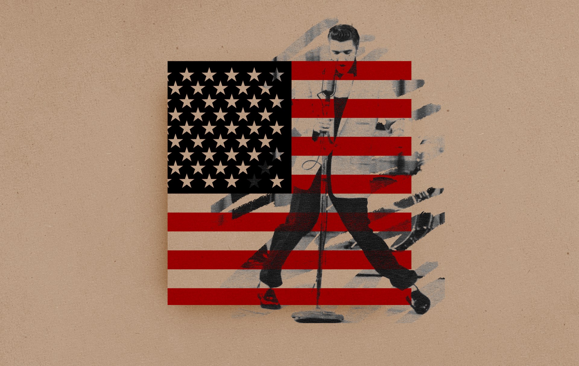A vintage black and white photograph of a performer with a microphone is overlaid with the American flag design on a textured beige background.