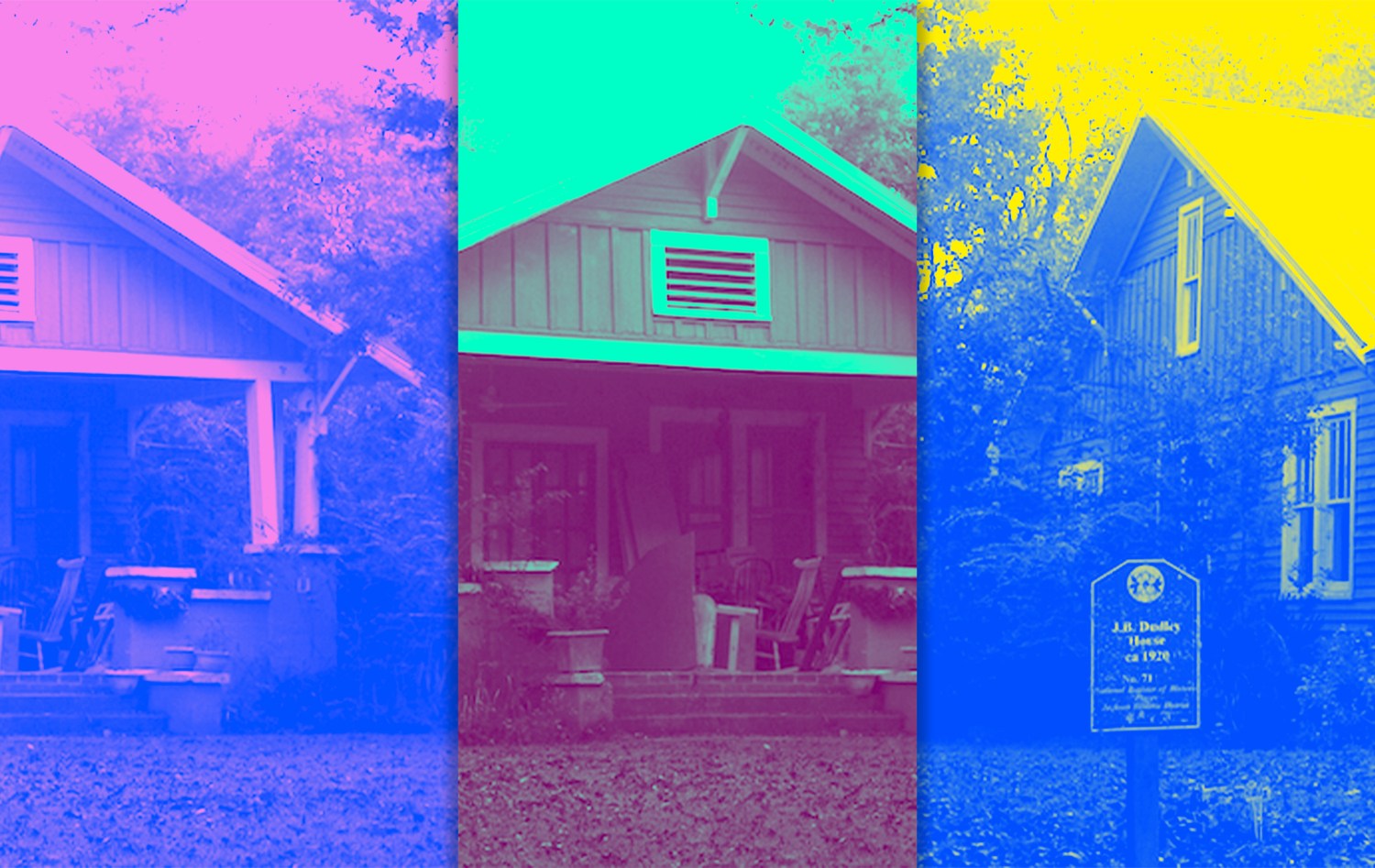 Three colorful thermographic images of beach houses with vibrant neon pink, cyan, and yellow overlays showing thermal variations across their structures and surroundings.