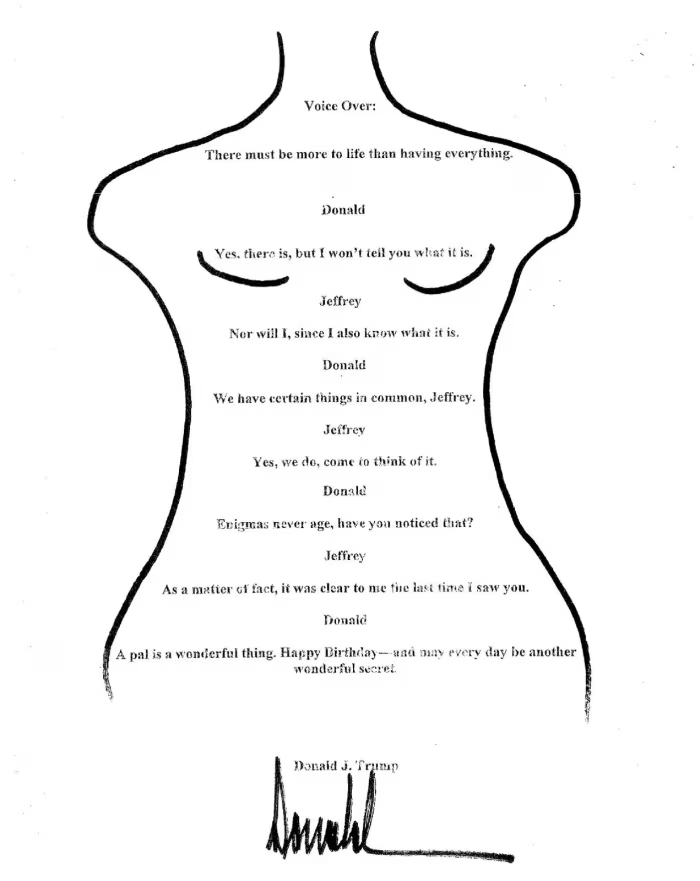 The somewhat horrifying line drawing of a woman's outline with the weird creepy poem inside and Trump's well-known signature below.
