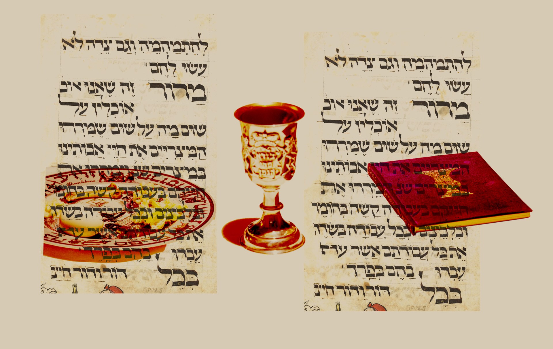 Hebrew text pages with Passover ritual objects including a red and gold kiddush cup, a decorated seder plate, and a red religious book arranged on aged parchment.