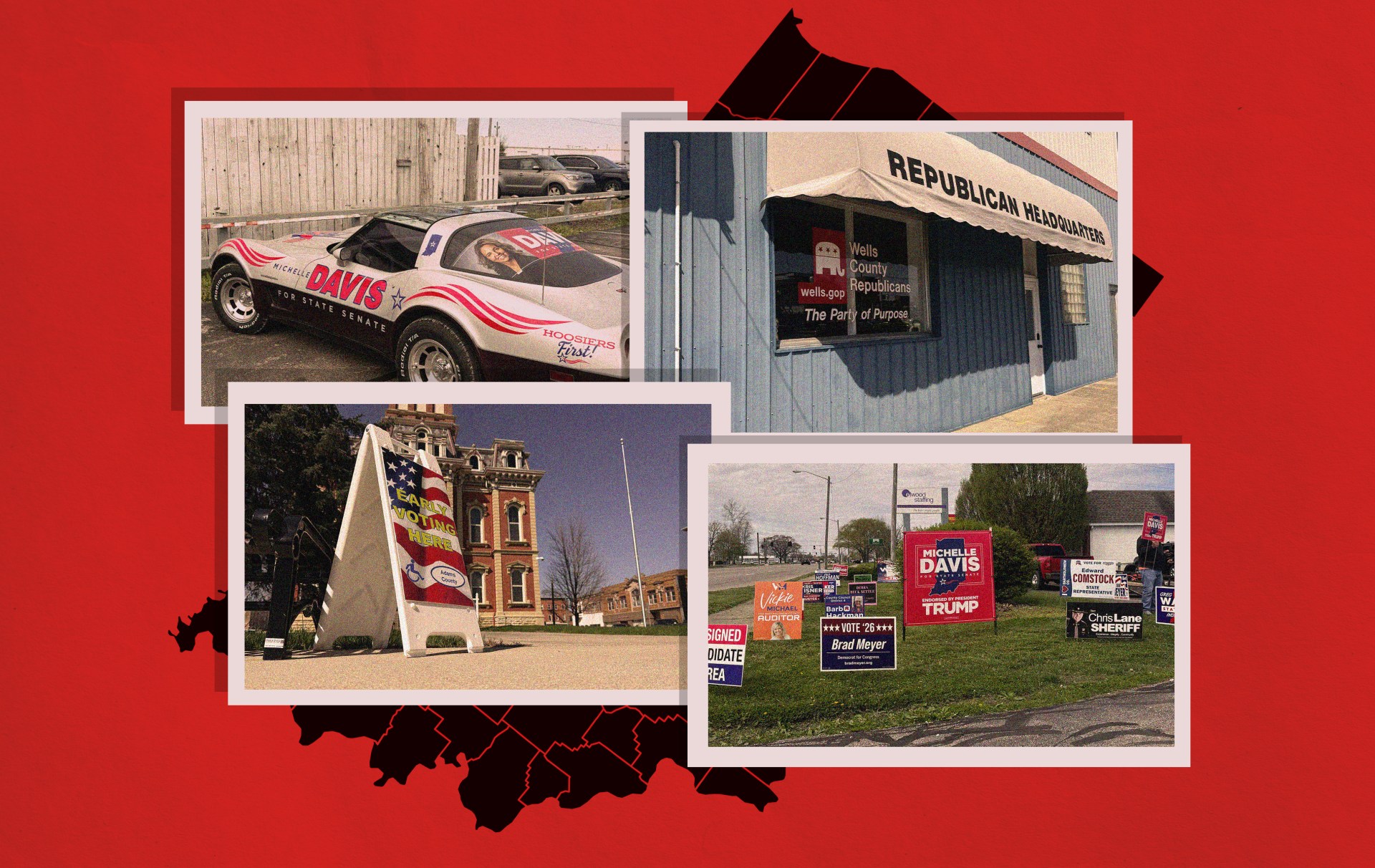 A collage of four photographs displaying Republican political campaign materials and signage from Wells County, Indiana, including a candidate vehicle, party headquarters, a courthouse banner, and yard signs for various conservative candidates.