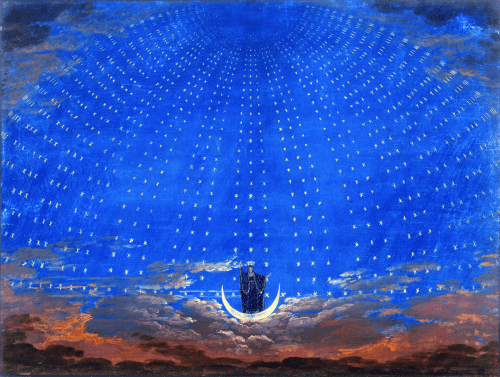 A dark figure stands on a crescent moon suspended above clouds, gazing upward at a vast expanse of stars scattered across a deep blue night sky.