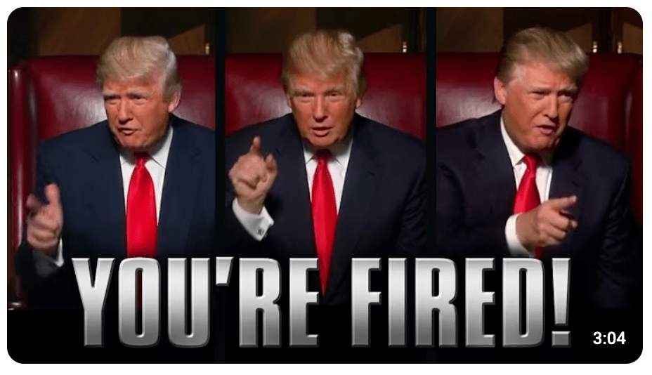 A man in a dark suit and red tie points directly at the camera across three sequential frames while seated against a red background, with the text "YOU'RE FIRED!" displayed at the bottom.