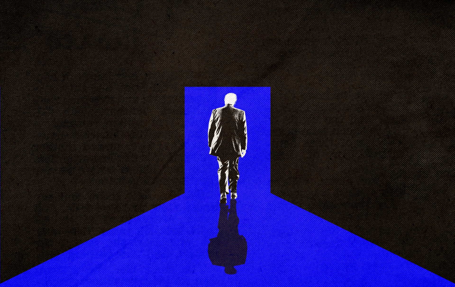 A faceless figure in a business suit stands on a blue triangular platform facing a bright blue doorway against a dark textured background.
